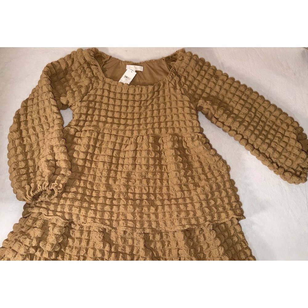 Simply Southern Bubble Knit Tiered Dress Tan Popcorn Texture Long Sleeve Large - Picture 13 of 13